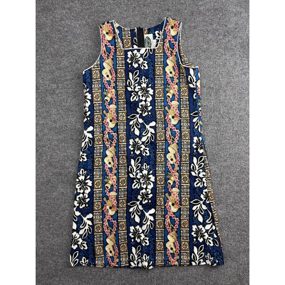Vintage Hawaiian Islands Dress Womens 14 Blue Floral Shift Made Hawaii USA
